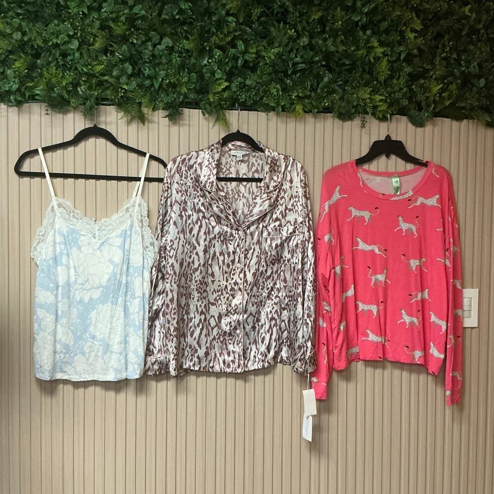 Mixed-Brand Set of 3 Pajama Tops Floral Cami, Leopard & Coral Cat Print Size XL